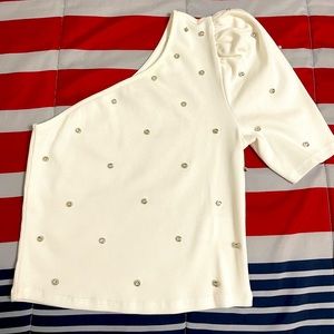 RHINESTONE EMBELLISHED RIBBED PUFF SLEEVE ONE SHOULDER TEE